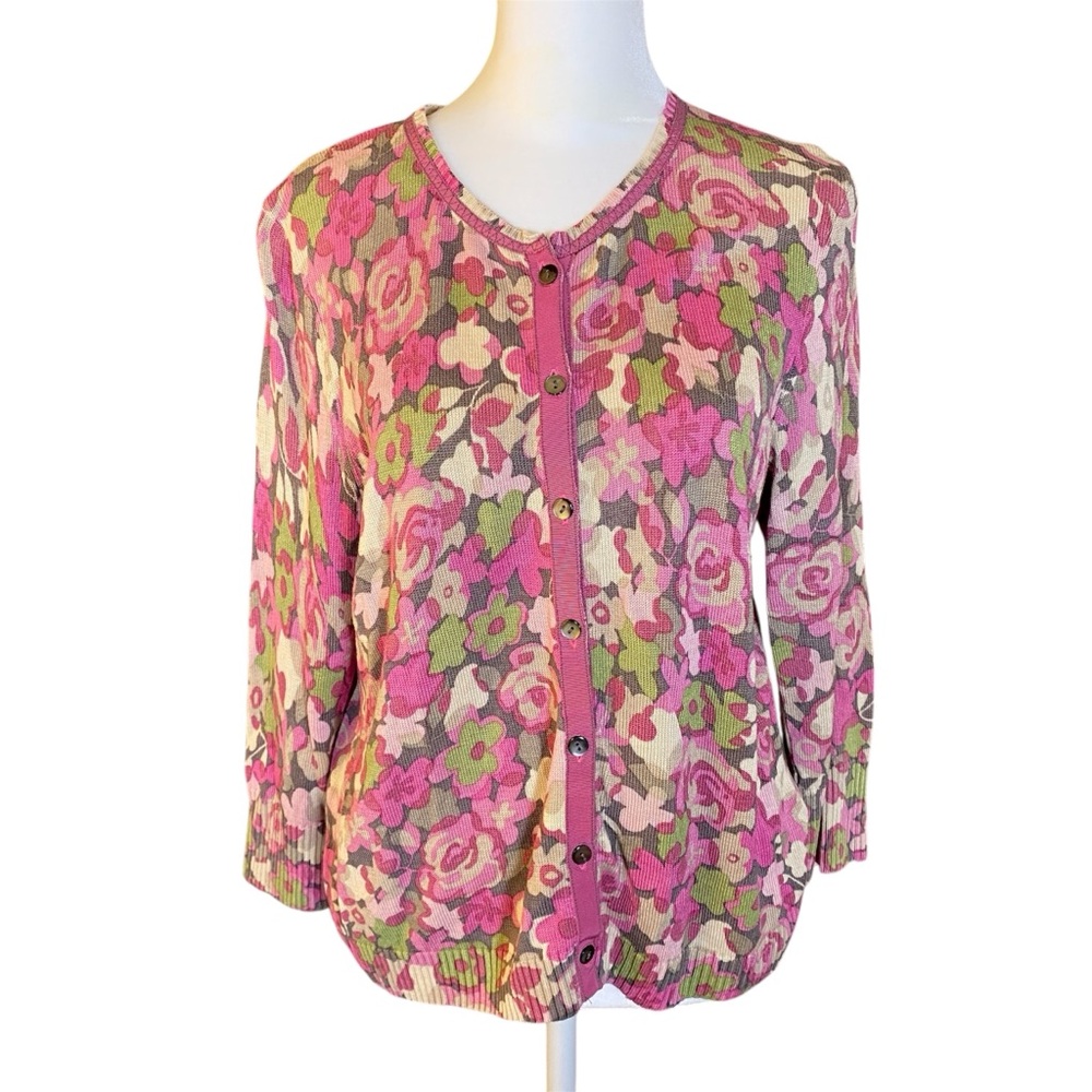 Silk Blend Pink, Green, Floral, Retro, Y2K, 90s, Button Cardigan SZ Med Petite